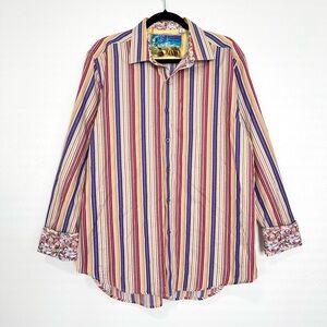 Robert Graham Crecentric Striped Shirt‎ Men's XL Cotton Flip Cuff Eclectic Retro